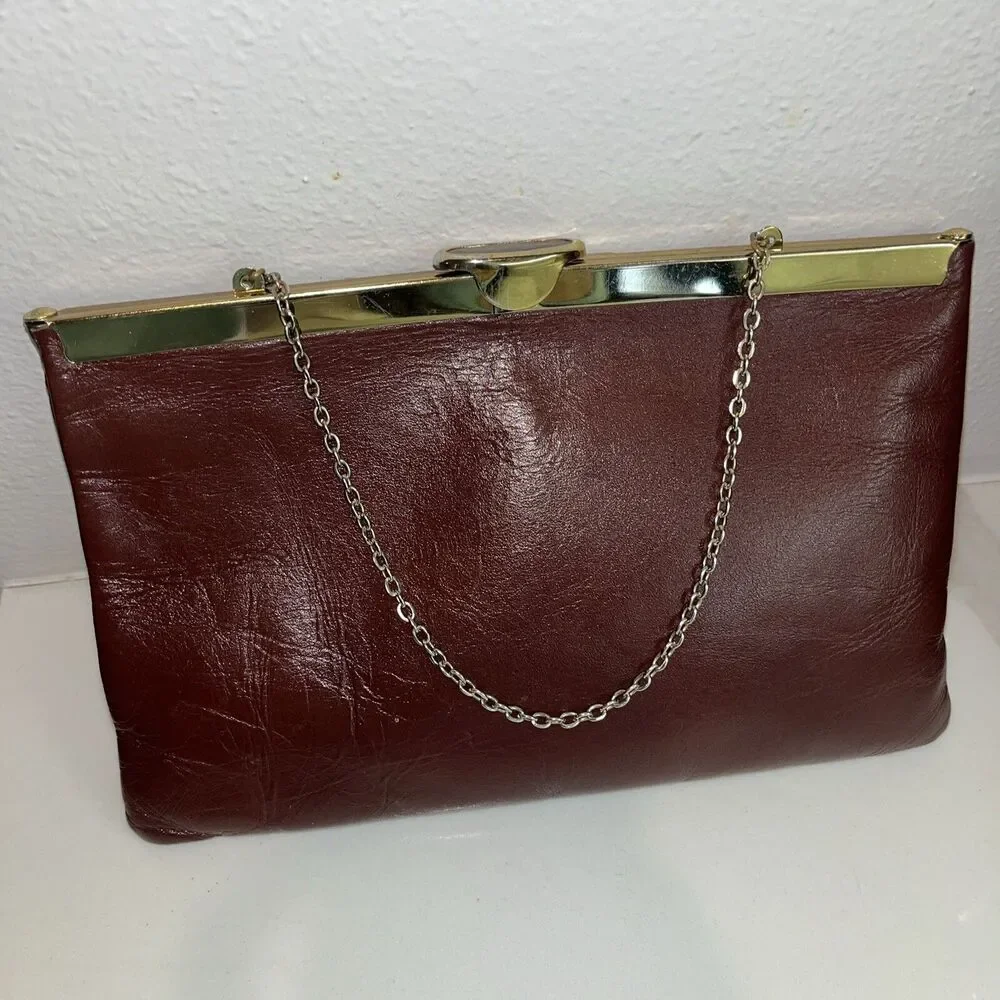 Vtg Etra Clutch Purse Chain Strap Burgundy Brown Envelope Hand Bag Leather Lined